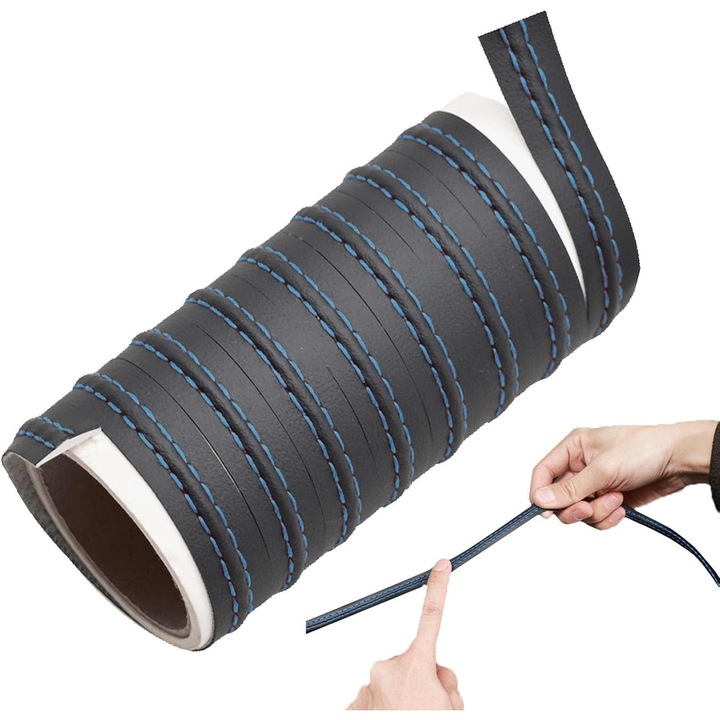 Banda decorativa pentru interiorul vehiculului, lungime 2m, din piele ecologica, culoare Neagra + cusatura Albastra