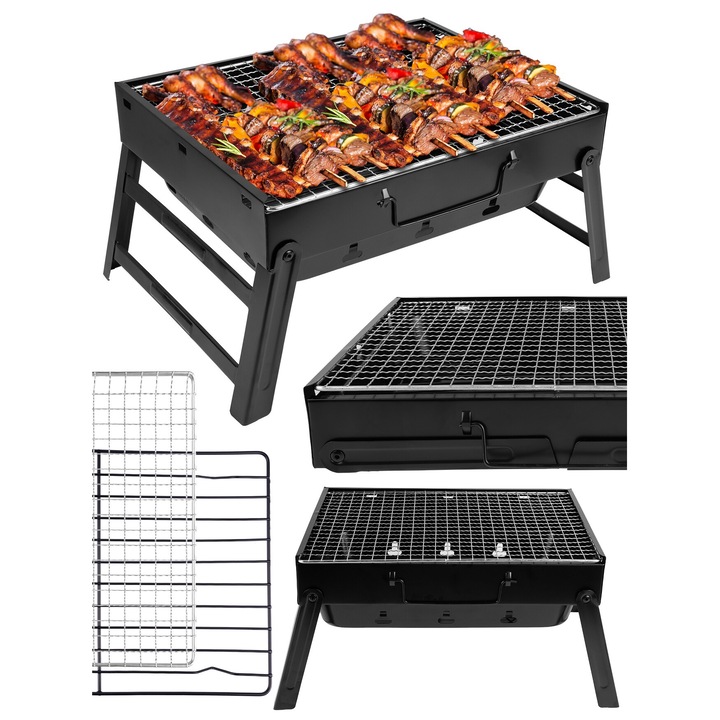 Скара на дървени въглища Maltec, Travelbbq Gm11000, сгъваема под формата на куфар, стомана, хромирана скара, мобилна, предназначена за туристически цели, за пикник и къмпинг, сив