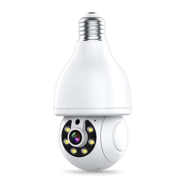 Camera de securitate tip bec FRAMMINO®, 3MP, rezolutie 2K, banda duala Wi-Fi 2, 5/ 5, 8 GHz, cu detectie umana AI, urmarire automata, comunicare bidirectionala, alerte pe mobil, vedere nocturna color de inalta definitie, alba