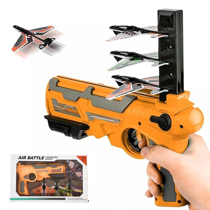 Pistol de jucarie pentru lansatorul de catapulte de avion pentru exterior si interior, galben, HAPPY JOKER®