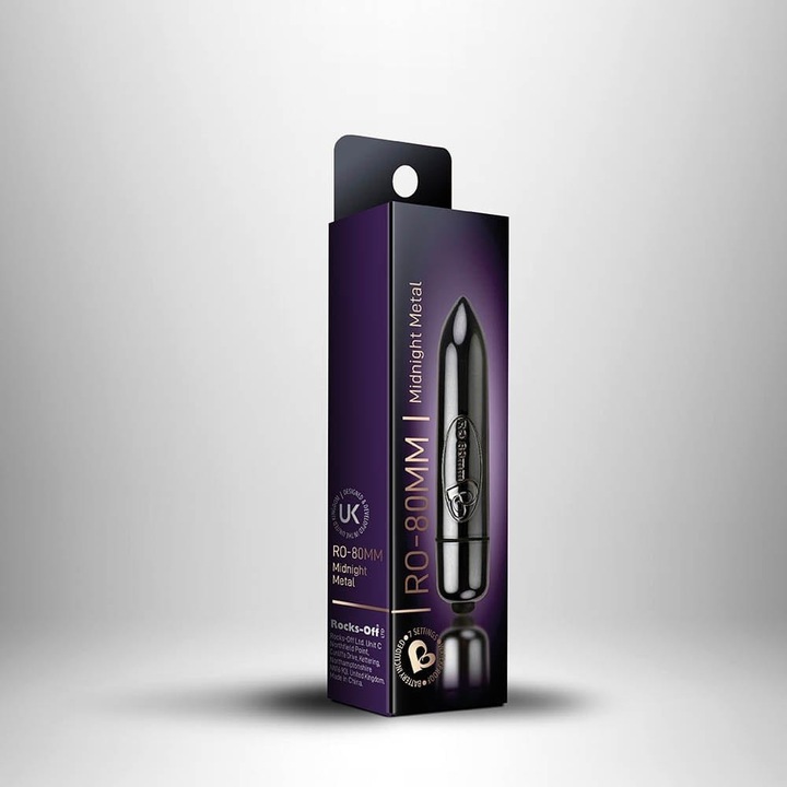 Vibrator bullet RO-80mm, Rocks-Off, 7 functii, Negru, Rezistent la apa, Lungime 6-10 cm, Diametru 1.6-2.4 cm