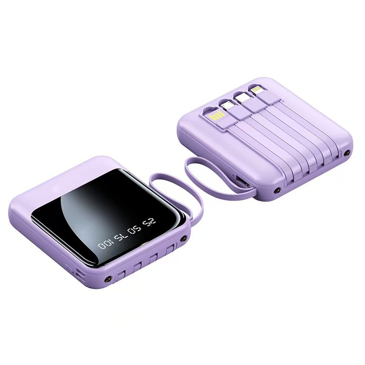 Külső akkumulátor 20000mAh beépített kábelekkel, LED kijelző, 4 az 1-ben, lila, 190g