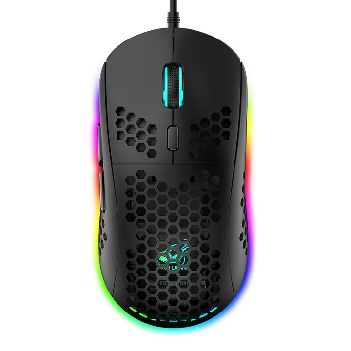 Геймърска ергономична мишка с RGB осветление, дизайн тип пчелна пита, черна