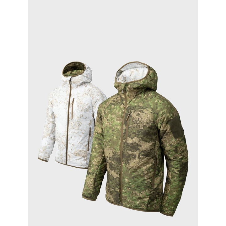 Jacheta reversibila Helikon Wolfhound, nailon, poliester, camuflaj/alb, cu gluga reglabila