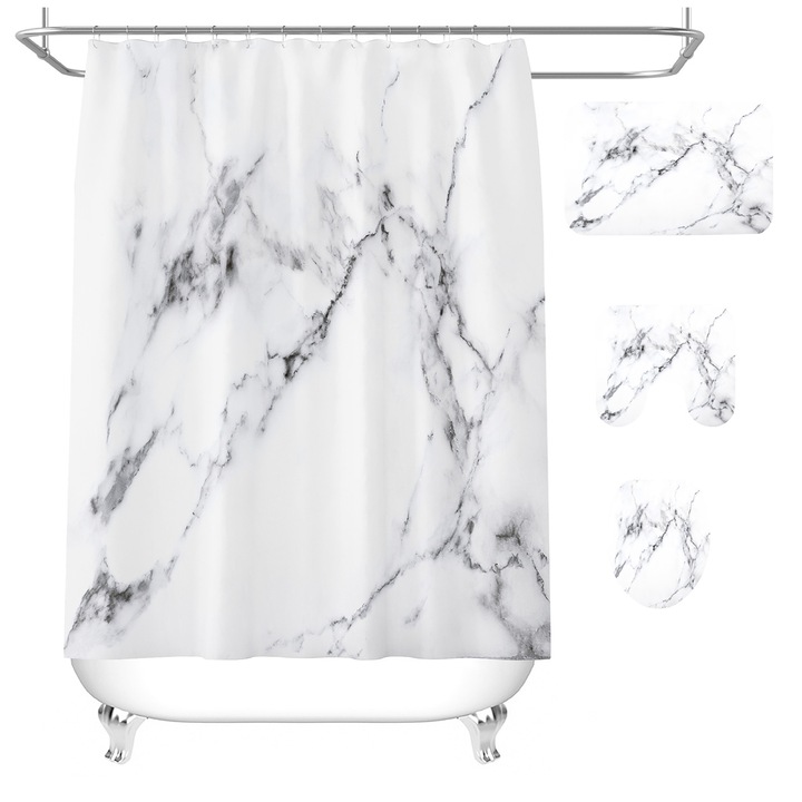 3 részes szett: márvány mintás zuhanyfüggöny, nedvszívó szőnyeg, fürdőlepedő, többszínű