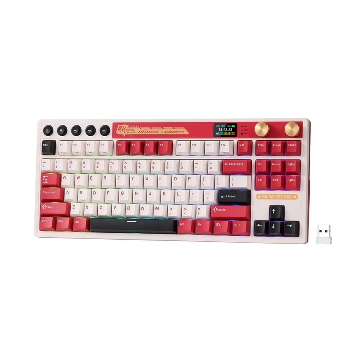 Tastatura mecanica, ROYAL KLUDGE M87, 75% 2,4 GHz/Bluetooth/USB-C 7500 mAh, Cream switch, red