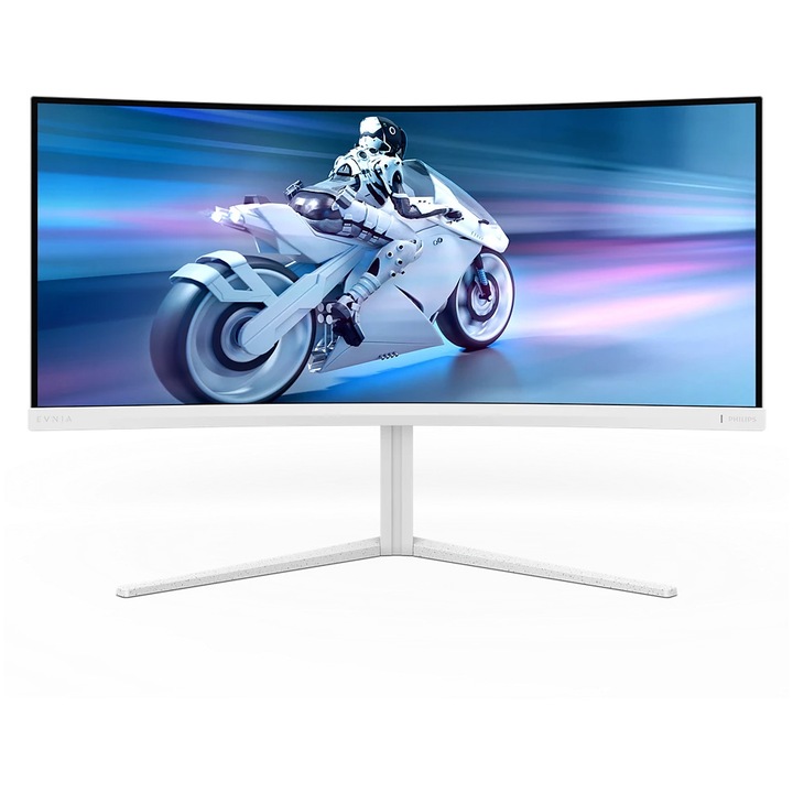 Монитор Gaming Извит LED VA Philips Evnia 5000 34", WQHD (3440x1440), 180Hz, 1ms GtG (0.5ms SMBR), AMD FreeSync™, NVIDIA G-Sync™ Compatible, 1500R, Говорители 5W x2, 2x HDMI, Display Port, Jack, Ambiglow, Pivot, VESA, Бял