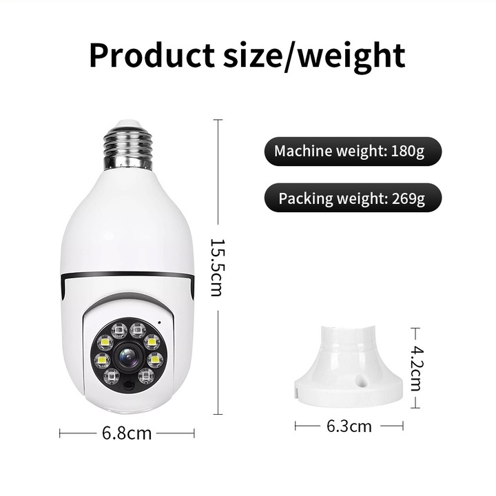 Vezeték nélküli izzó alakú megfigyelő kamera 1080P, fehér, 15x6.8cm, éjjellátóval és mozgásérzékelővel
