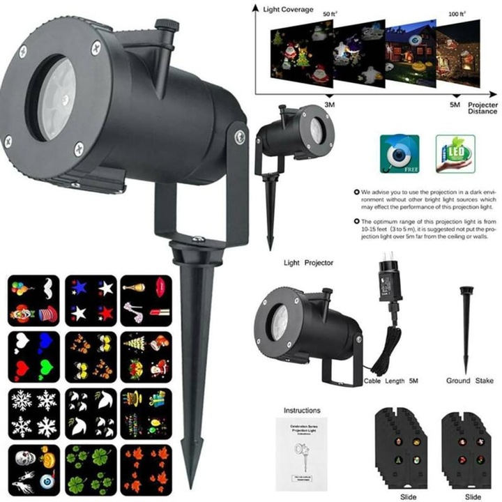 Proiector LED Craciun, alb, 10x10cm, 5W, IP65, cablu 5m
