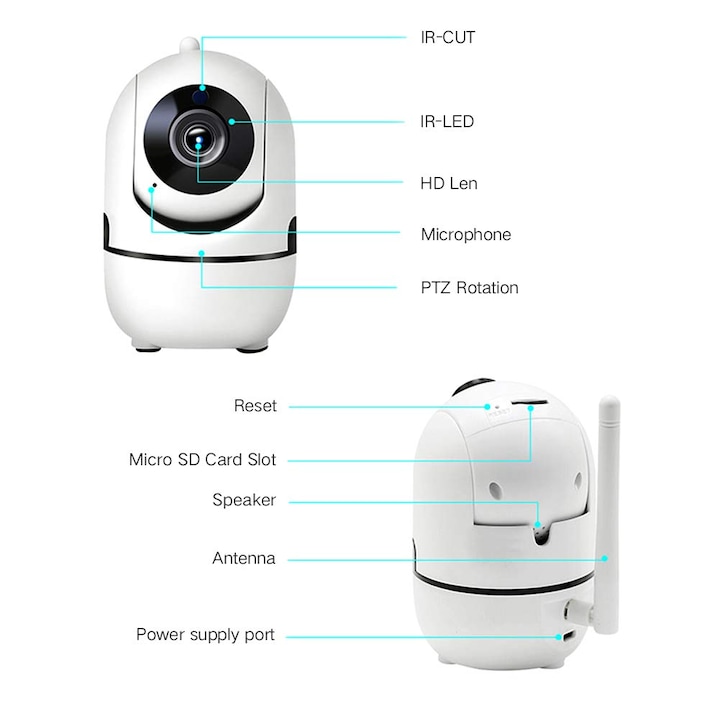 Camera WiFi 1080P 2,4 GHz WiFi 2 Way Talk, Alerta de miscare, Optiuni multiple de stocare, pentru interior 110‑240V, Priza SUA