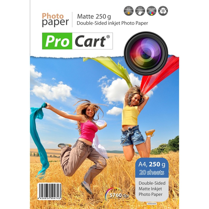 Фотохартия Procart, матова, за двустранен печат, 250 гр. / кв.м, A4, 20 листа