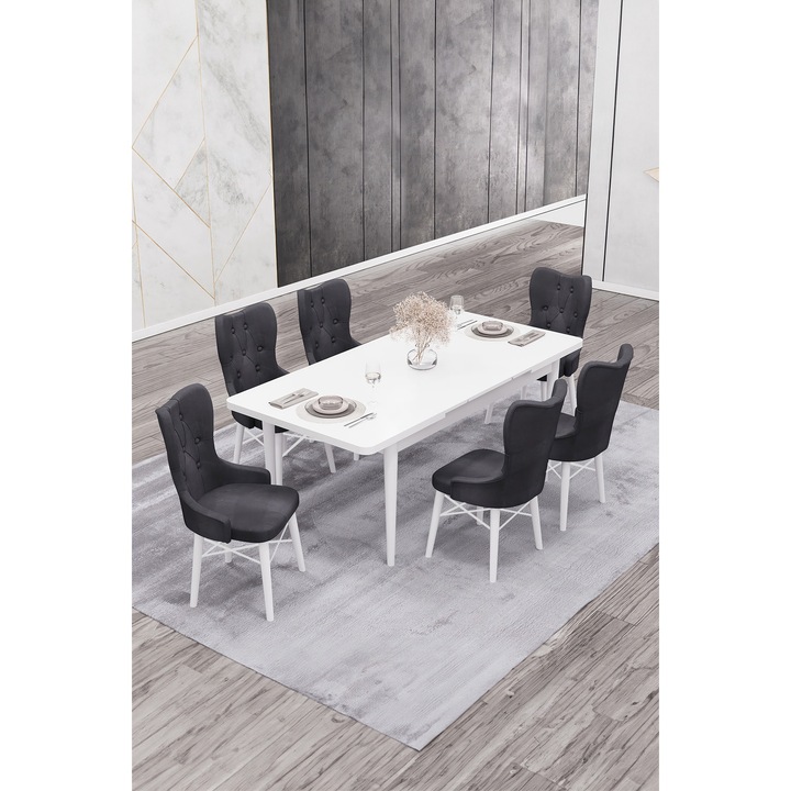 Set masa extensibila Babyface King cu 6 scaune Gri antracit, dreptunghiulara, blat din pal laminat, tapiterie din stofa catifea, lemn, picioare albe, Masa 80x170x80 cm - Desire Furniture