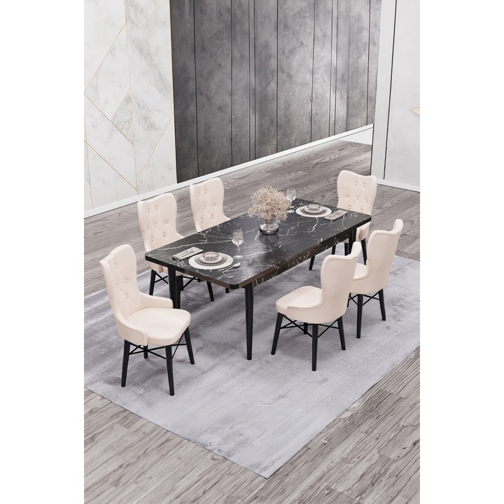 Set masa extensibila Babyface King cu 6 scaune Crem, dreptunghiulara, blat din pal laminat, tapiterie din stofa catifea, lemn, picioare negru, Masa 80x170x80 cm - Desire Furniture