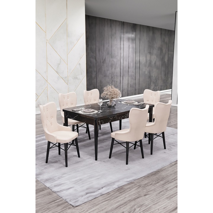 Set masa extensibila Babyface King cu 4 scaune Crem, dreptunghiulara, blat din pal laminat, tapiterie din stofa catifea, lemn, picioare negru, Masa 70x140x80 cm - Desire Furniture