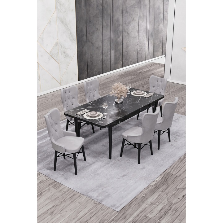 Set masa extensibila Babyface King cu 6 scaune Gri, dreptunghiulara, blat din pal laminat, tapiterie din stofa catifea, lemn, picioare negru, Masa 80x170x80 cm - Desire Furniture