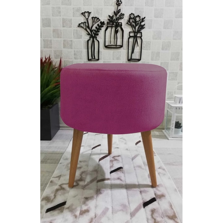 Taburet Babyface Roze, catifea textil decorativ cu picioare natural lemn - Desire Furniture