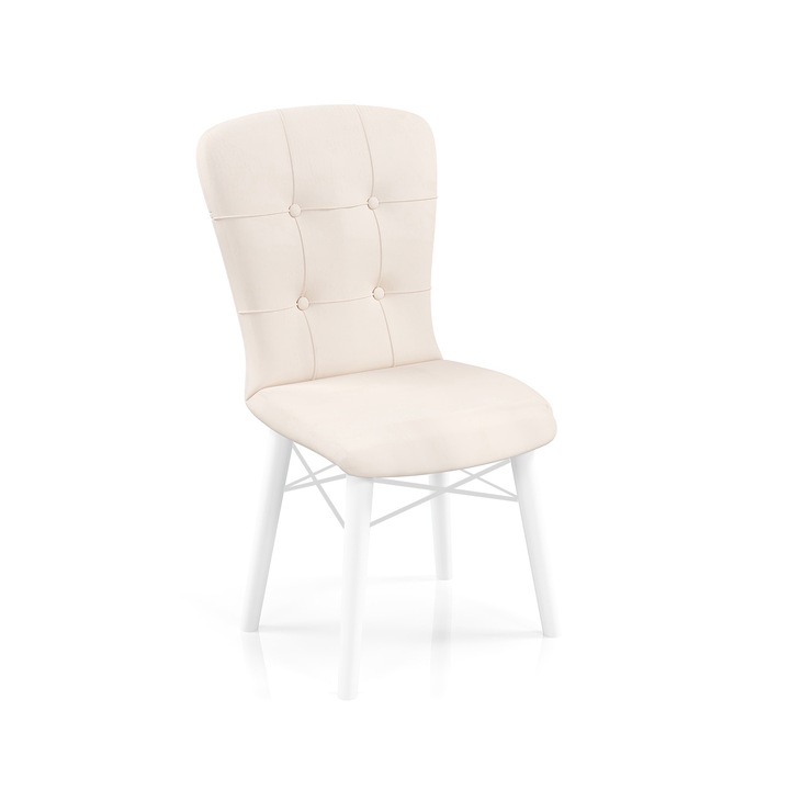 Scaun Babyface Diamond Crem, un bucat, living, bucatarie, tapiterie din stofa catifea, lemn, picioare albe, 90 cm x 45 cm x 43 cm - Desire Furniture