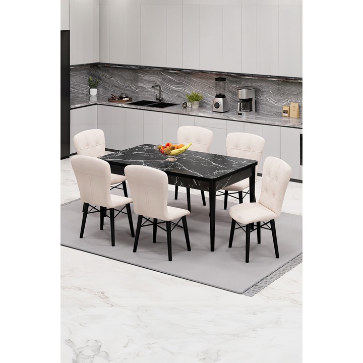 Set masa extensibila Babyface Daimond cu 4 scaune Crem, dreptunghiulara, blat din pal laminat, tapiterie din stofa catifea, lemn, picioare negru, Masa 70x140x80 cm - Desire Furniture