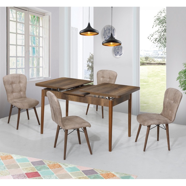 Set masa extensibila Diamond cu 4 scaune Maro, dreptunghiulara, blat din pal laminat, picioare lemn, tapiterie din material textil, Barok Masa 70x140x80 cm - Desire Furniture