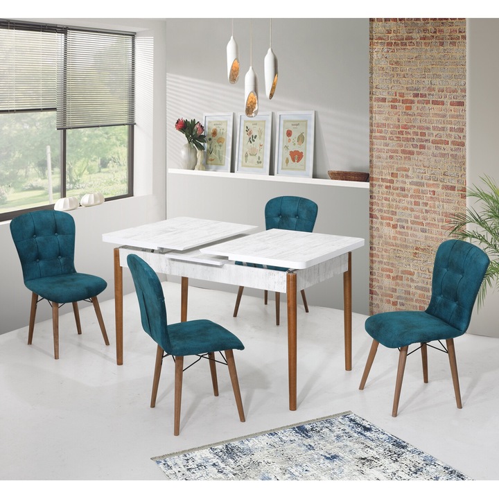 Set masa extensibila Diamond cu 4 scaune Albastru, dreptunghiulara, blat din pal laminat, picioare lemn, tapiterie din material textil, Antik Masa 70x140x80 cm - Desire Furniture