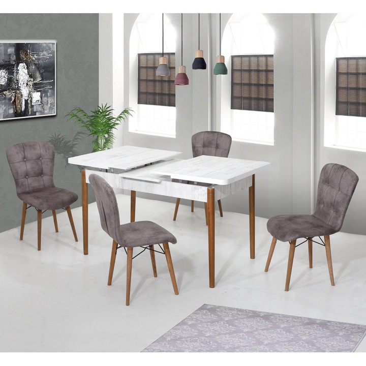 Set masa extensibila Diamond cu 4 scaune Gri, dreptunghiulara, blat din pal laminat, picioare lemn, tapiterie din material textil, Antik Masa 70x140x80 cm - Desire Furniture