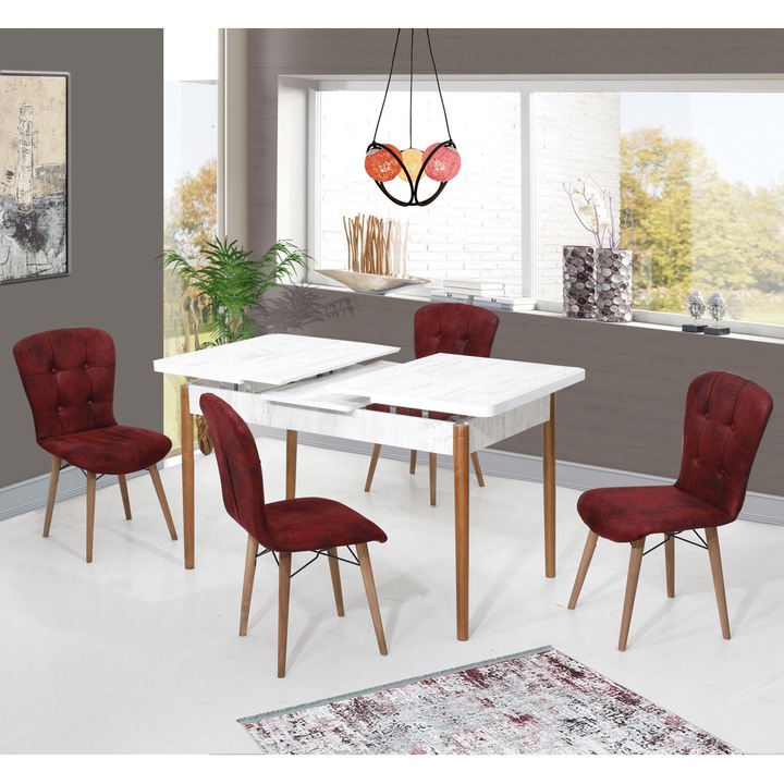 Set masa extensibila Diamond cu 4 scaune Burgundia, dreptunghiulara, blat din pal laminat, picioare lemn, tapiterie din material textil, Antik Masa 70x140x80 cm - Desire Furniture