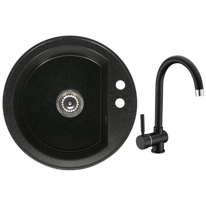 Set chiuveta bucatarie CasaBlanca Rondo granit cu 1 cuva cu baterie BLACK4H, negru