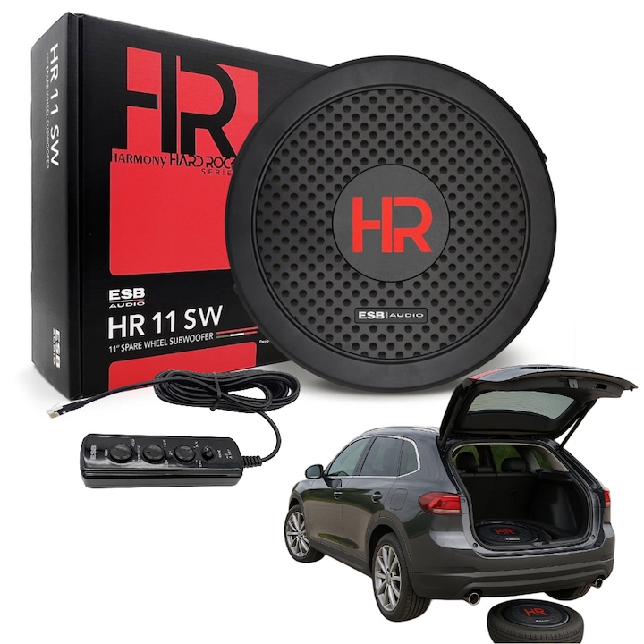 Subwoofer auto activ ESB® HR 11 SW, 200W RMS, 260mm, amplificator integrat, incinta acustica, boxa auto cu telecomanda, usor de instalat, protectie la scurtcircuit, bass puternic si curat, Negru