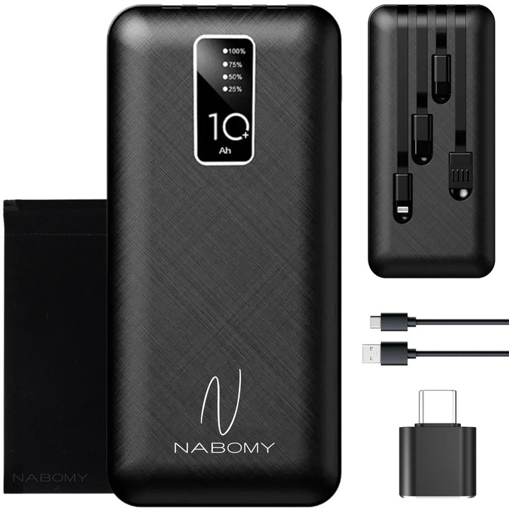 Nabomy hordozható külső akkumulátor, 10000mAh, nagy teljesítményű töltési technológiával ellátott akkumulátor, LED kijelző, 4 db beépített kábel, mikro bemeneti kábel, USB C típusú adapter, tárolótok mellékelve