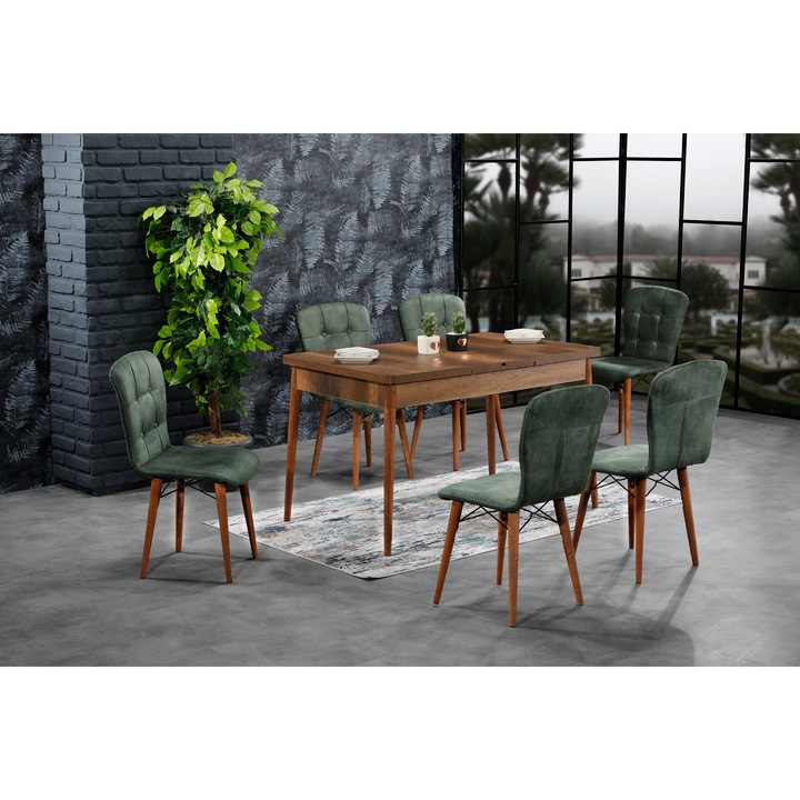 Set masa extensibila Diamond cu 6 scaune Verde, dreptunghiulara, blat din pal laminat, picioare lemn, tapiterie din material textil, Barok Masa 80x170x80 cm - Desire Furniture