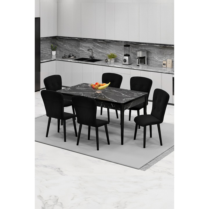 Set masa extensibila Babyface Daimond cu 4 scaune Negru, dreptunghiulara, blat din pal laminat, tapiterie din stofa catifea, lemn, picioare negru, Masa 70x140x80 cm - Desire Furniture