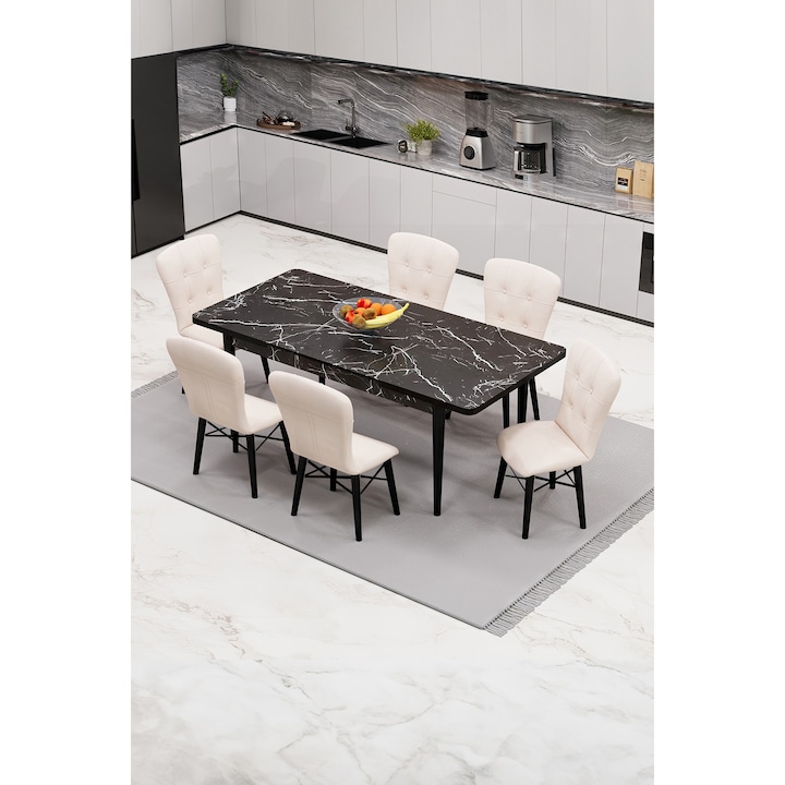 Set masa extensibila Babyface Daimond cu 6 scaune Crem, dreptunghiulara, blat din pal laminat, tapiterie din stofa catifea, lemn, picioare negru, Masa 80x170x80 cm - Desire Furniture