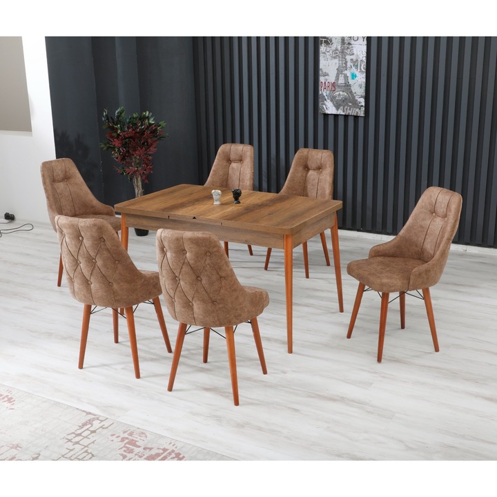 Set masa extensibila Elif cu 6 scaune Maro, dreptunghiulara, blat din pal laminat, picioare lemn, tapiterie din material textil, Barok Masa 80x170x80 cm - Desire Furniture