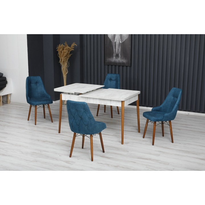 Set masa extensibila Elif cu 4 scaune Albastru, dreptunghiulara, blat din pal laminat, picioare lemn, tapiterie din material textil, Antik Masa 70x140x80 cm - Desire Furniture