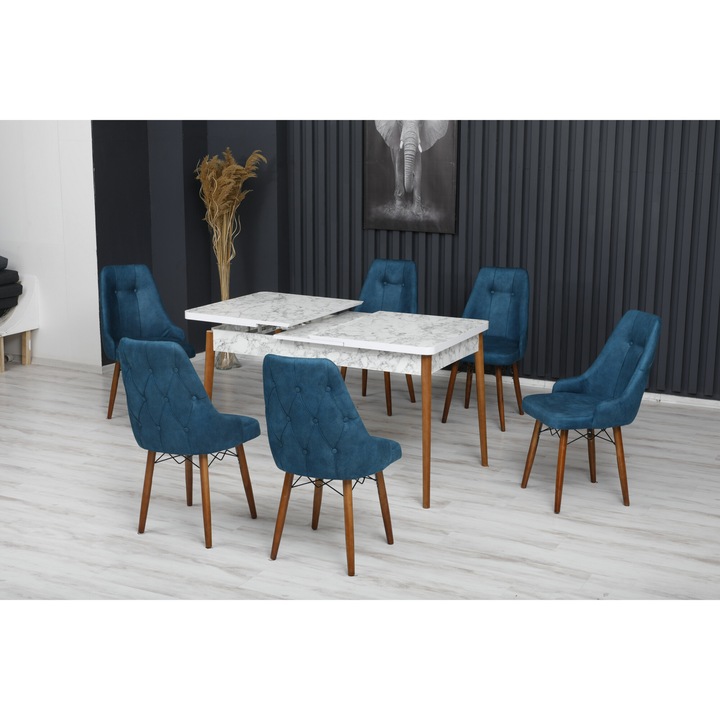 Set masa extensibila Elif cu 6 scaune Albastru, dreptunghiulara, blat din pal laminat, picioare lemn, tapiterie din material textil, Antik Masa 80x170x80 cm - Desire Furniture
