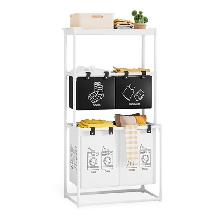 Raft/Cos Depozitare Haine Murdare, toolsy, pentru Baie, cu 3 Etaje, 4 Cosuri, Cadru de Otel Inoxidabil, 123 x 44 x 57 cm, Alb