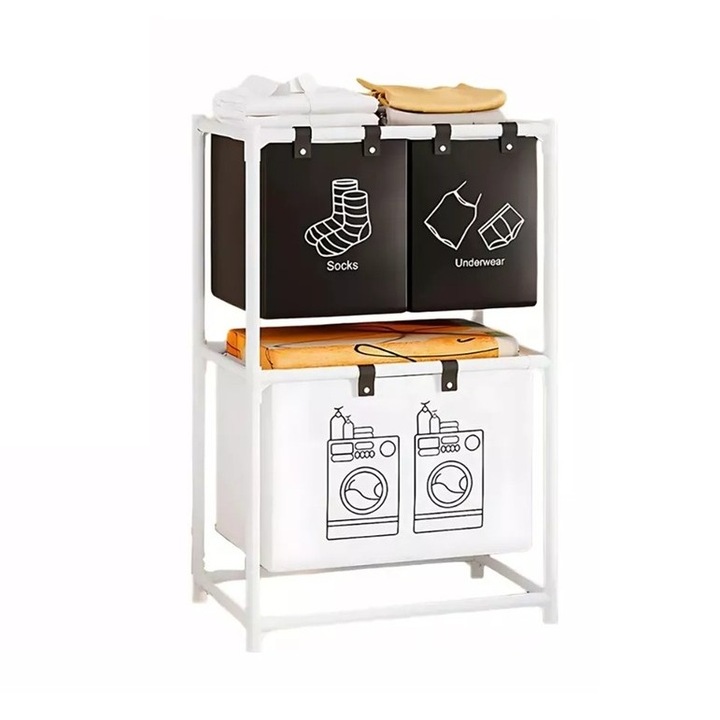 Raft/Cos Depozitare Haine Murdare, toolsy, pentru Baie, 2 Rafturi, 3 Cosuri, Cadru de Otel Inoxidabil, 97 x 28 x 57 cm, Alb