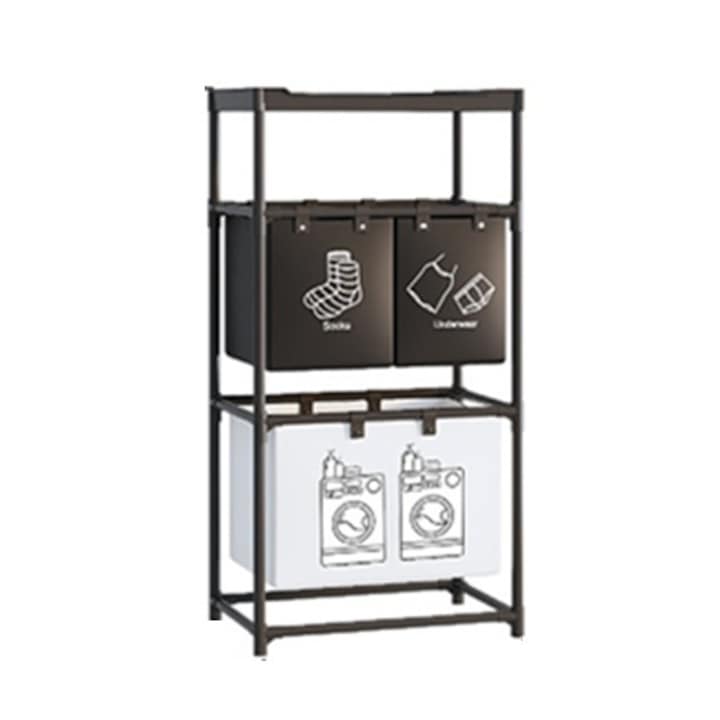 Raft/Cos Depozitare Haine Murdare, toolsy, pentru Baie, 3 Rafturi, 3 Cosuri, Cadru de Otel Inoxidabil, 123 x 28 x 57 cm, Negru