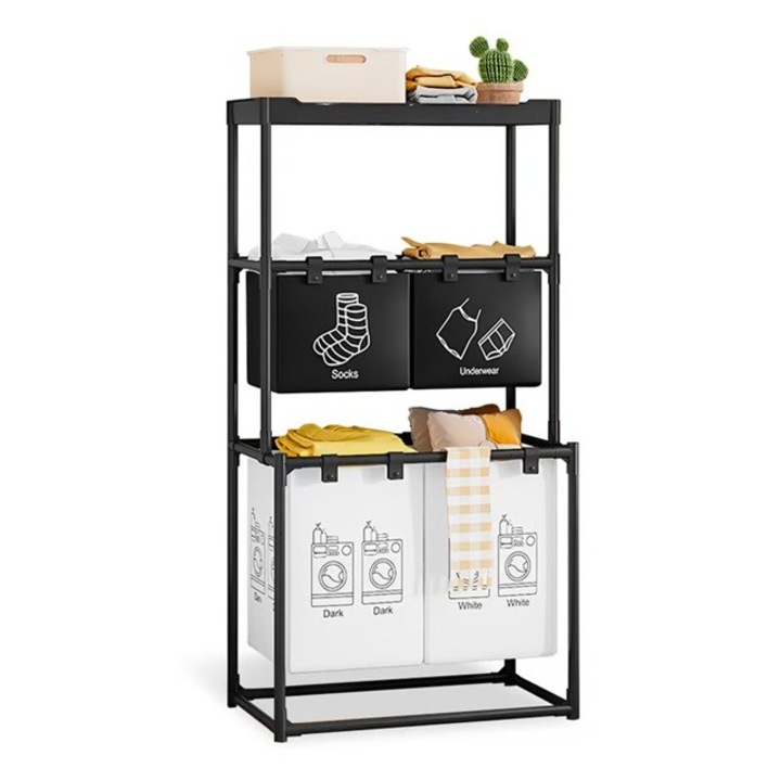 Raft/Cos Depozitare Haine Murdare, toolsy, pentru Baie, cu 3 Etaje, 4 Cosuri, Cadru de Otel Inoxidabil, 123 x 44 x 57 cm, Negru