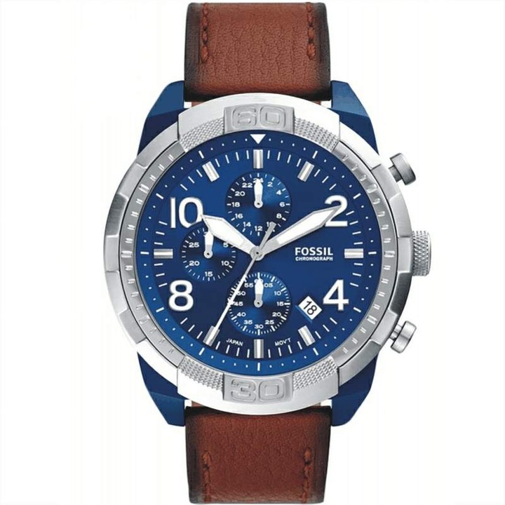 Часовник Fossil Bronson FS5829, хронограф, синя каса, 50мм, кафява кожена каишка
