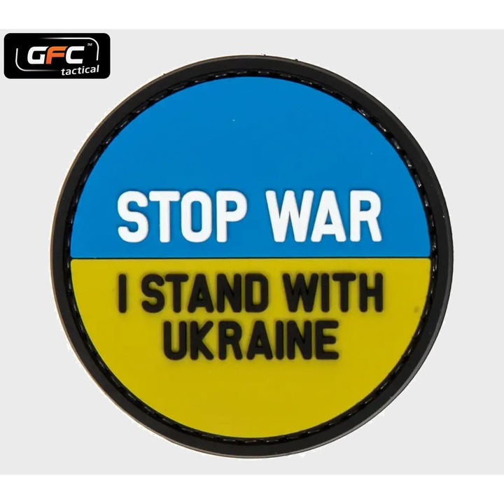 Pachet 3D Naszywka STOP WAR - STAND WITH UKRAINE, GFC Tactical, PVC, Niebiesc/Zolty, 60mm