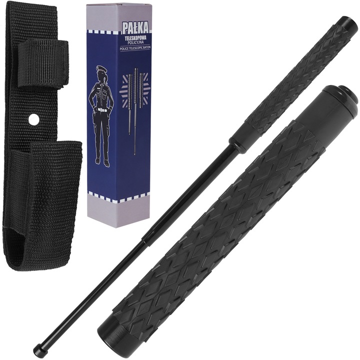 Baston telescopic pliabil 54 cm Dominator Urban Combat din otel carbon cu maner antiderapant TPE si husa nylon, ideal pentru antrenament tehnici autoaparare protectie personala securitate politie