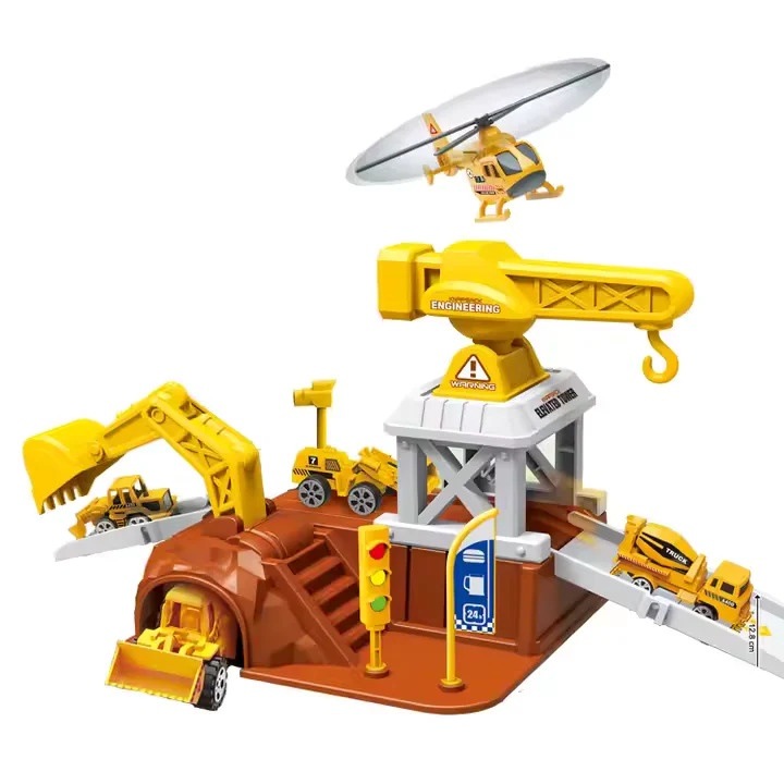 Joc Masinute Constructii Six-Six-Zero cu 27 de piese - Set Galben 1:64 cu Mapa Tip Orasel