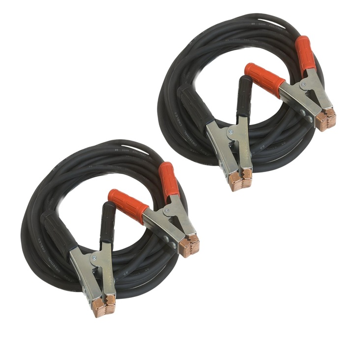 Cabluri pornire 2*3m fi25mm, 24V/12V, 2 clesti (600A) cu manere negre, 2 clesti (600A) cu manere rosii, pentru transfer curent si pornire auto/tractoare/camioane