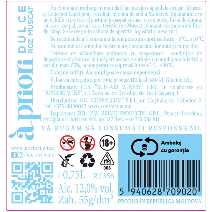 Vin Spumant Apriori, Muscat Rose, Dulce, 0.75l