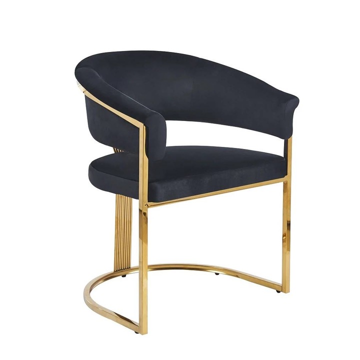 Scaun dining, cadru metalic auriu, tapiterie catifea, Negru/Auriu