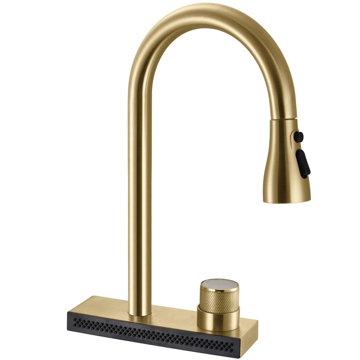 Кухненски смесител Rea Conor Матово злато, месинг, 40 см, изтеглящ се спрей, оттичане водопад