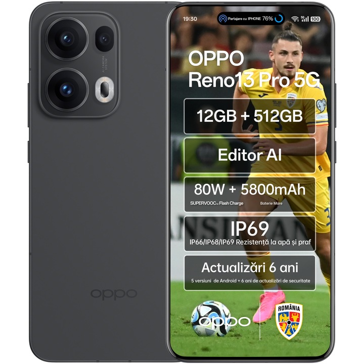Мобилен телефон OPPO Reno13 Pro, две SIM карти, 12 GB RAM, 512 GB, 5G, графитено сиво