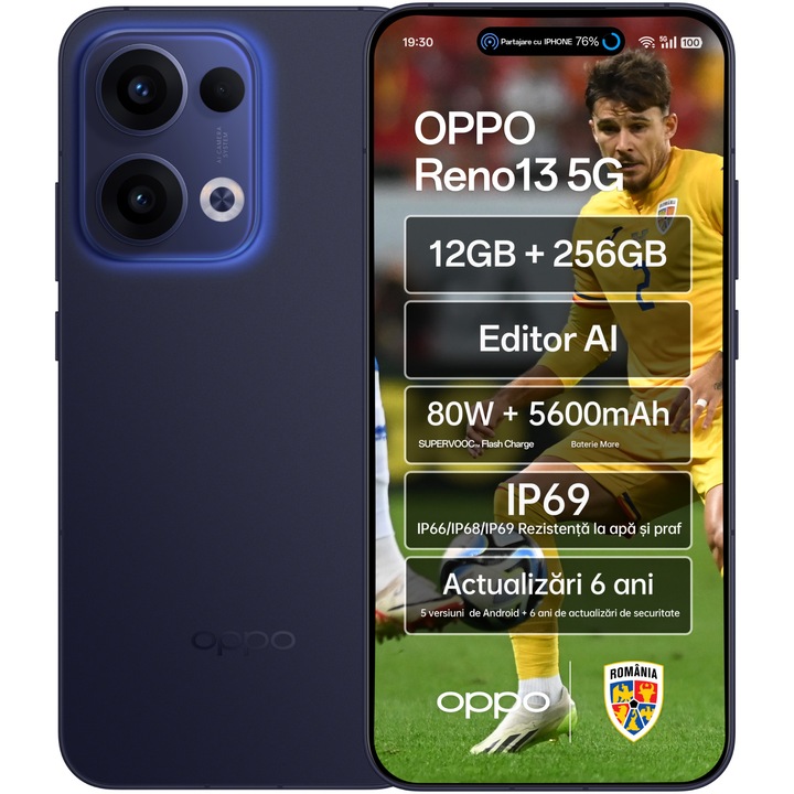 Мобилен телефон OPPO Reno13, две SIM карти, 12 GB RAM, 256 GB, 5G, светещо синьо