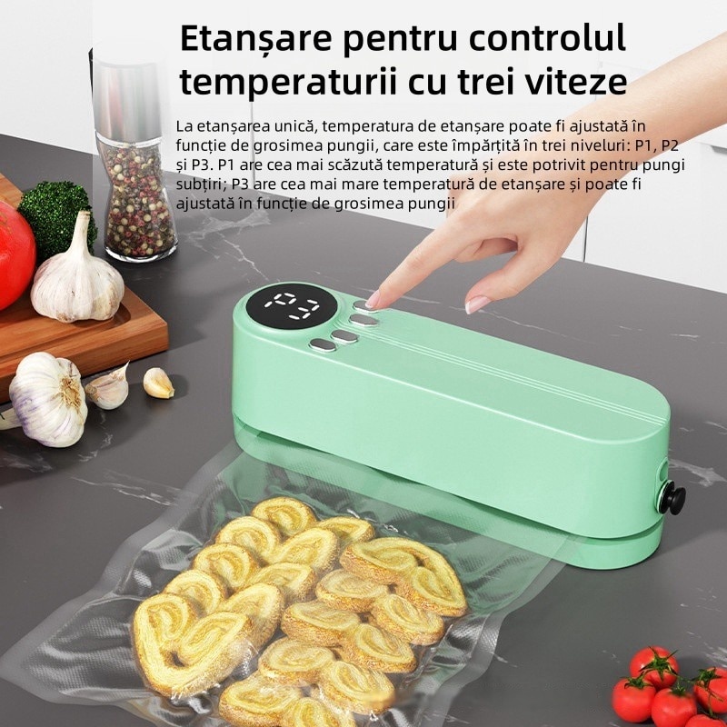 Dispozitiv de aspirare, evacuare si etansare, 60Kpa, Mod cu 3 viteze, Umed si uscat, Functionare cu buton, Compact si portabil, Culoare verde